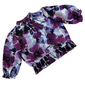 Sheer Purple Poppies Floral 1/2 Sleeve Cropped Peasant Blouse (PL)